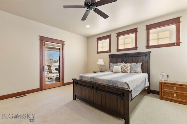 carpeted bedroom with access to outside and ceiling fan