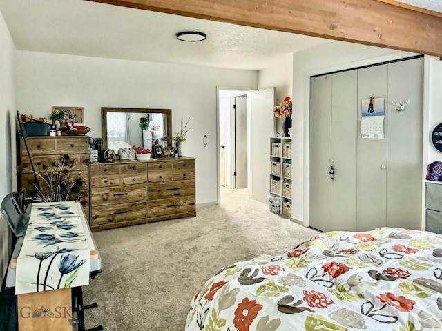 bedroom featuring carpet floors, a textured ceiling, and a closet