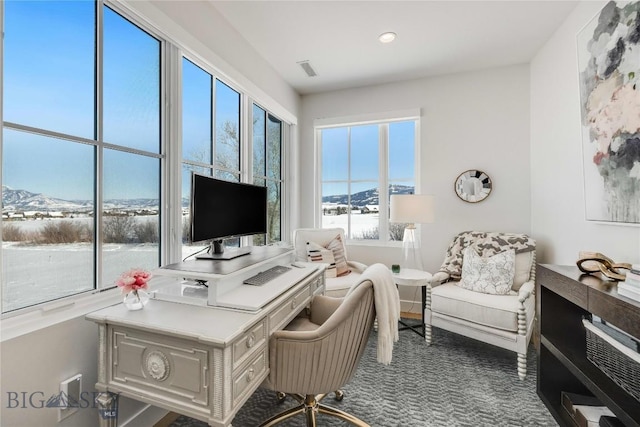 carpeted office featuring a mountain view