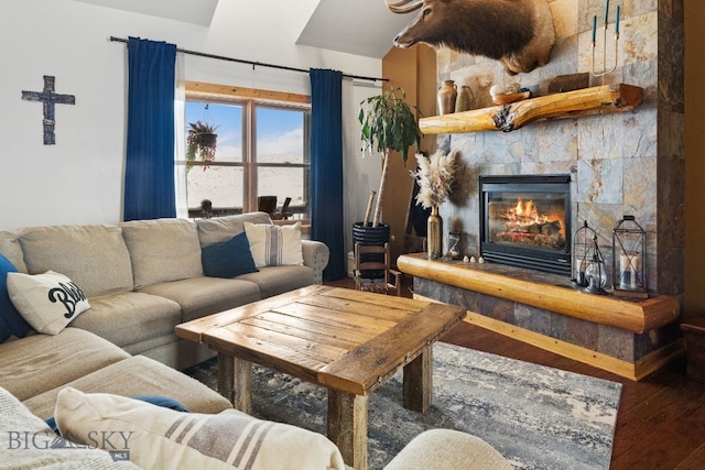 living room featuring wood finished floors and a fireplace