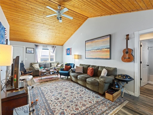 living room with lofted ceiling, dark wood-style floors, wood ceiling, and a ceiling fan