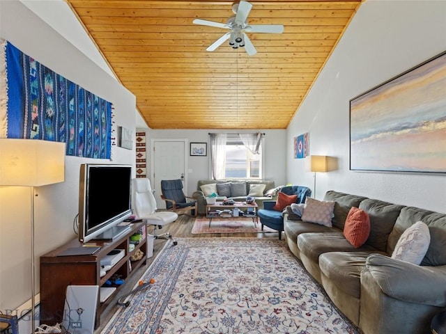 living room featuring lofted ceiling, ceiling fan, wood finished floors, and wood ceiling