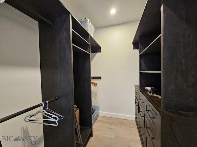 walk in closet with light wood-style floors