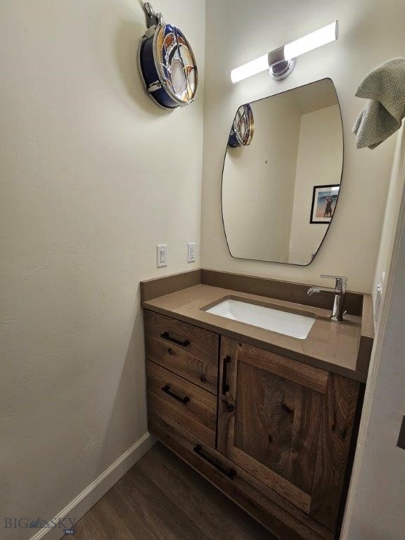 bathroom featuring wood finished floors, vanity, and baseboards