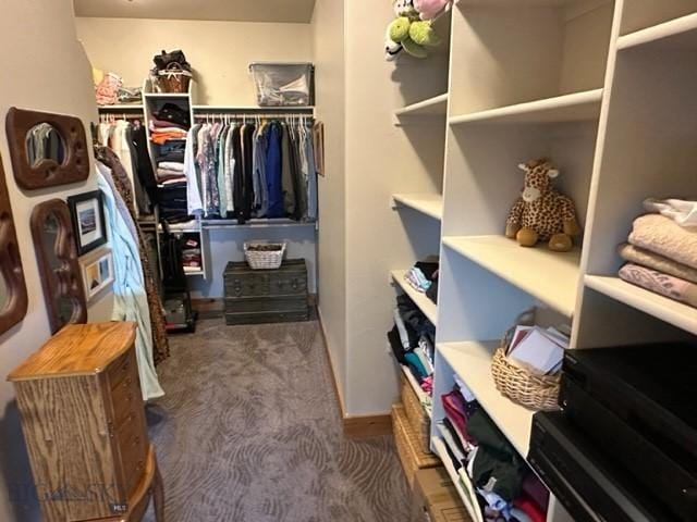 spacious closet featuring dark colored carpet