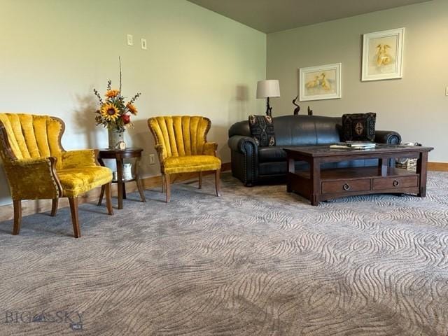 sitting room featuring carpet floors and baseboards