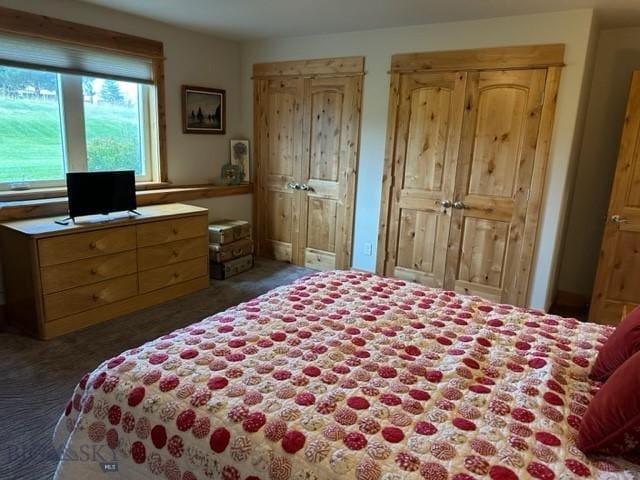 bedroom featuring dark colored carpet and two closets