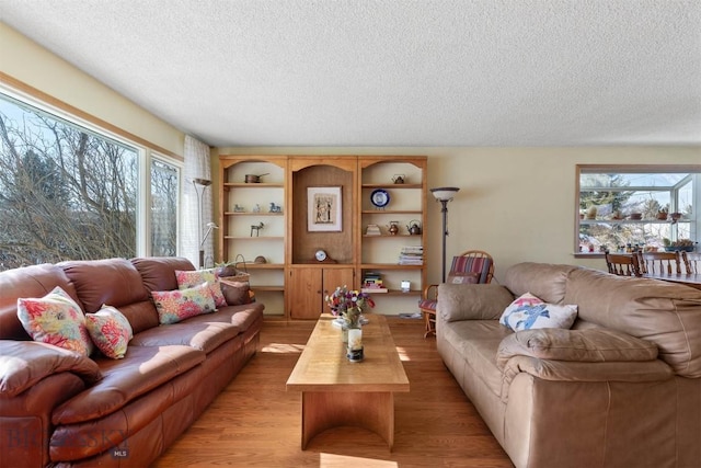 living room featuring light wood-type flooring, a textured ceiling, and a wealth of natural light