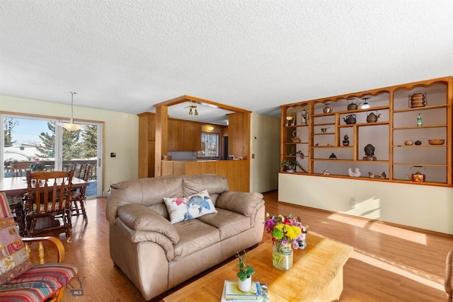 living room featuring a textured ceiling and wood finished floors