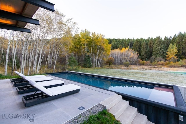 outdoor pool featuring a forest view