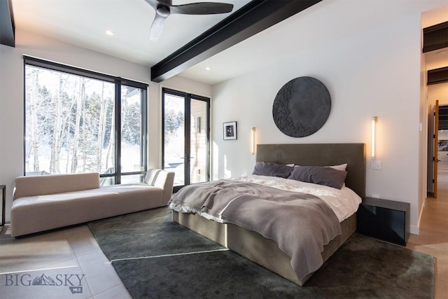 tiled bedroom featuring ceiling fan, beamed ceiling, and recessed lighting