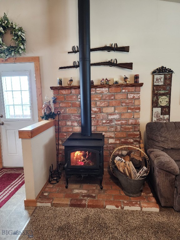 interior details with a wood stove