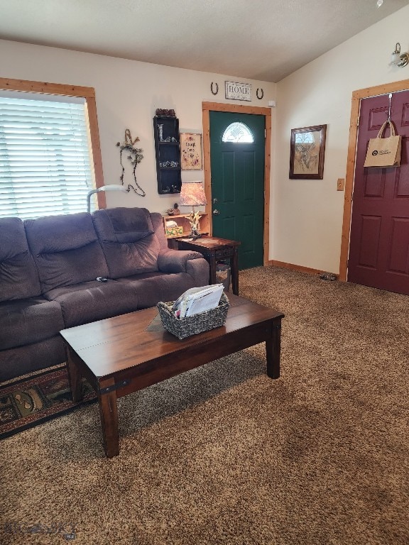 living room with vaulted ceiling and carpet floors