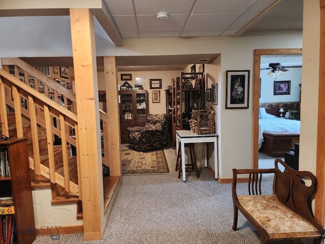 basement with a paneled ceiling, stairs, carpet floors, and a ceiling fan