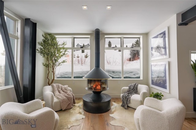 sunroom with a wood stove