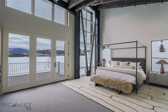 bedroom with access to exterior, carpet, a high ceiling, and a water and mountain view