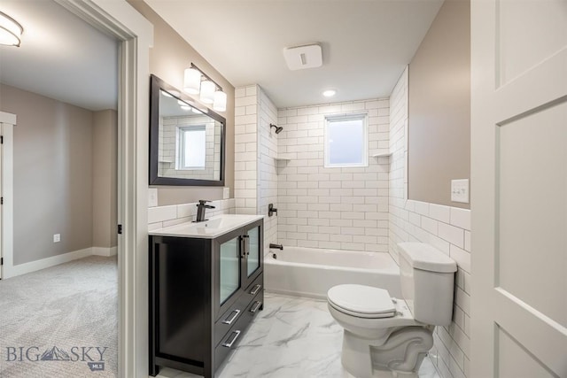 full bath with marble finish floor, toilet, tub / shower combination, vanity, and baseboards