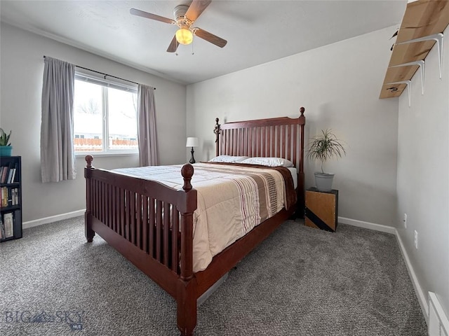 bedroom featuring visible vents, dark carpet, a ceiling fan, and baseboards