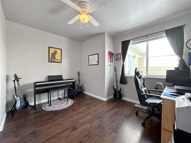 office with ceiling fan, dark wood-style flooring, and baseboards