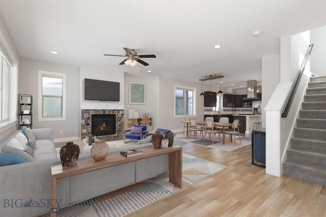 500 Westgate, Bozeman, MT 59718 - living room with light wood finished floors, stairway, a ceiling fan, baseboards, and recessed lighting
