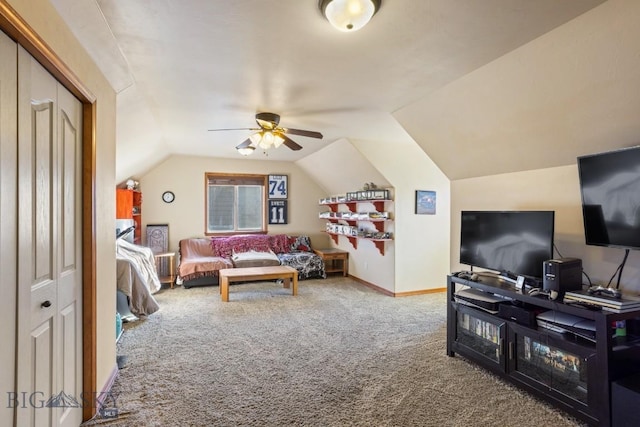 1014 Idaho St, Belgrade, MT 59714 - carpeted living room with lofted ceiling and a ceiling fan