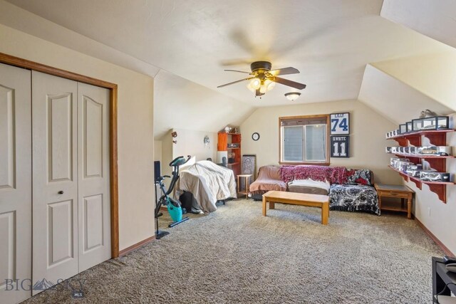 1014 Idaho St, Belgrade, MT 59714 - carpeted bedroom featuring lofted ceiling, a ceiling fan, and a closet