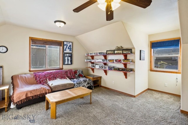 1014 Idaho St, Belgrade, MT 59714 - carpeted living area with lofted ceiling and ceiling fan