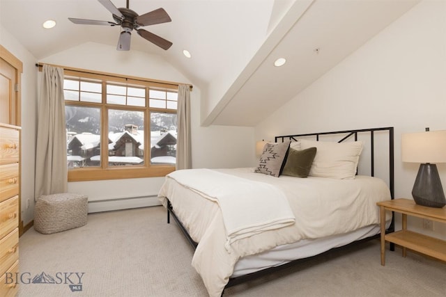 bedroom featuring a baseboard heating unit, vaulted ceiling, carpet flooring, and recessed lighting