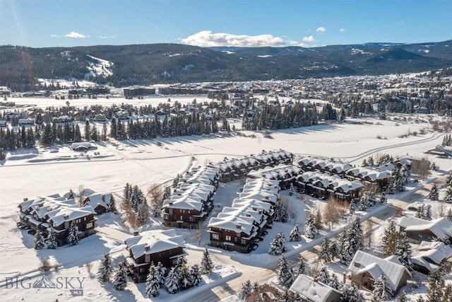 snowy aerial view featuring a mountain view