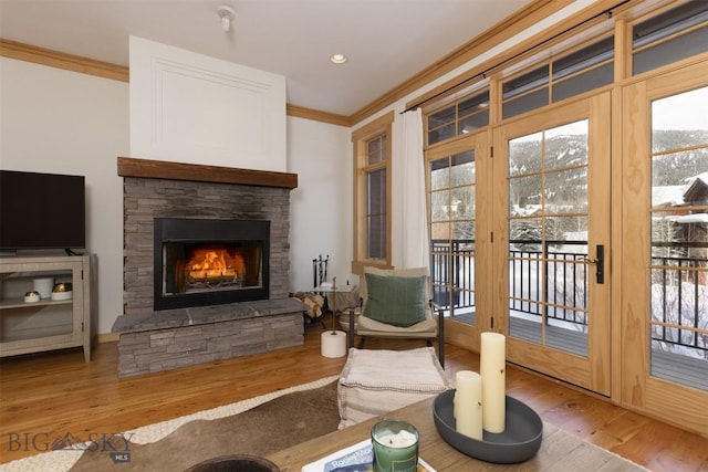 living area featuring a stone fireplace, wood finished floors, and crown molding