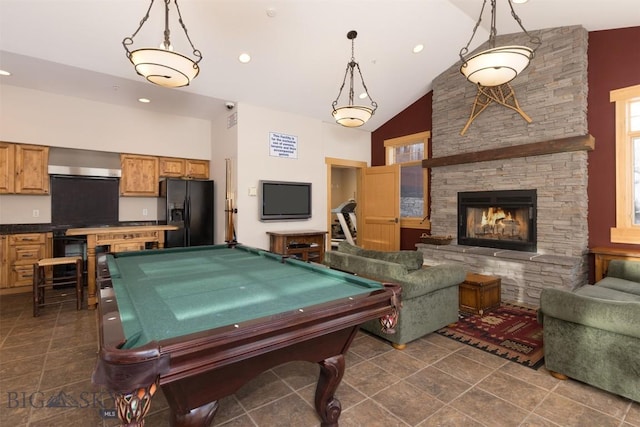 game room with recessed lighting, a fireplace, high vaulted ceiling, and pool table