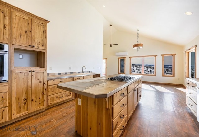 kitchen featuring a sink, a kitchen island, appliances with stainless steel finishes, tile counters, and dark wood finished floors