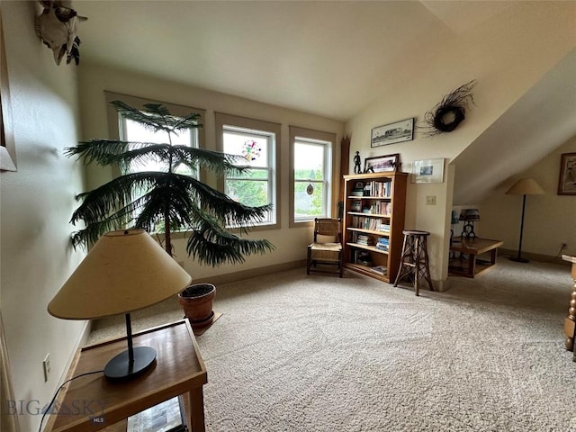 living area featuring carpet, baseboards, and vaulted ceiling