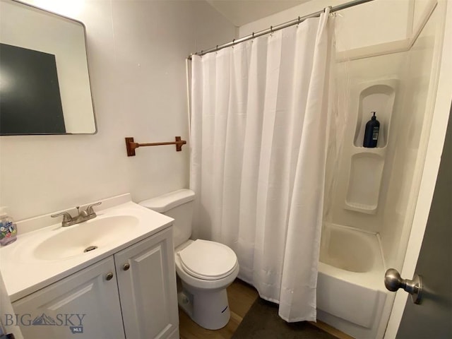 full bathroom with toilet, shower / bath combo, and vanity