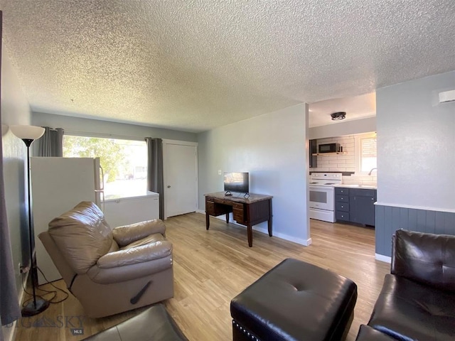 living room with a textured ceiling and light wood-style floors