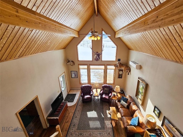 living room featuring high vaulted ceiling, wooden ceiling, a ceiling fan, and beamed ceiling