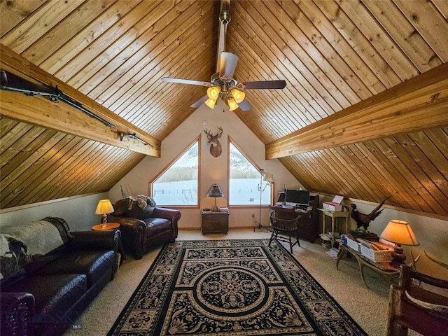 interior space with vaulted ceiling with beams, carpet floors, wood ceiling, and a ceiling fan