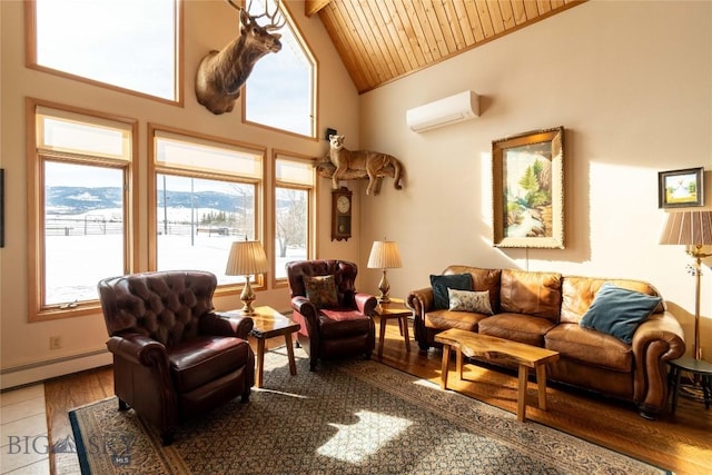 living area featuring baseboard heating, an AC wall unit, wood finished floors, high vaulted ceiling, and wooden ceiling