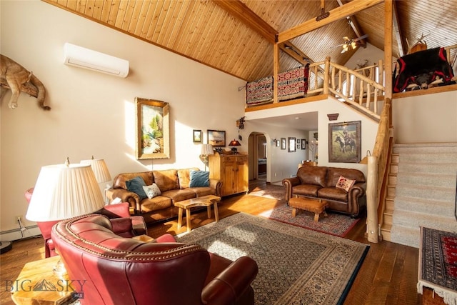 living area with wooden ceiling, stairway, beamed ceiling, wood finished floors, and a wall mounted AC