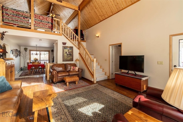 living area featuring high vaulted ceiling, wooden ceiling, wood finished floors, a ceiling fan, and stairway