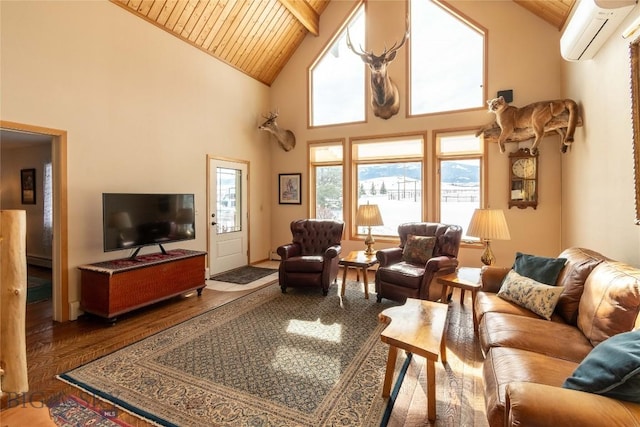 living area featuring vaulted ceiling with beams, a wall mounted AC, wooden ceiling, and wood finished floors