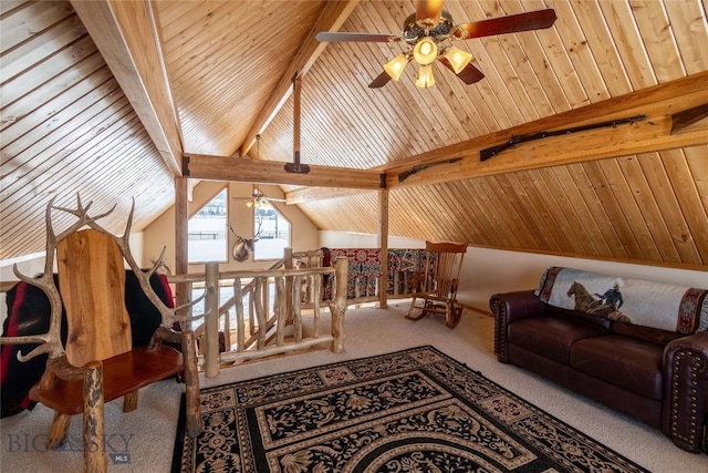 interior space with carpet flooring and lofted ceiling with beams