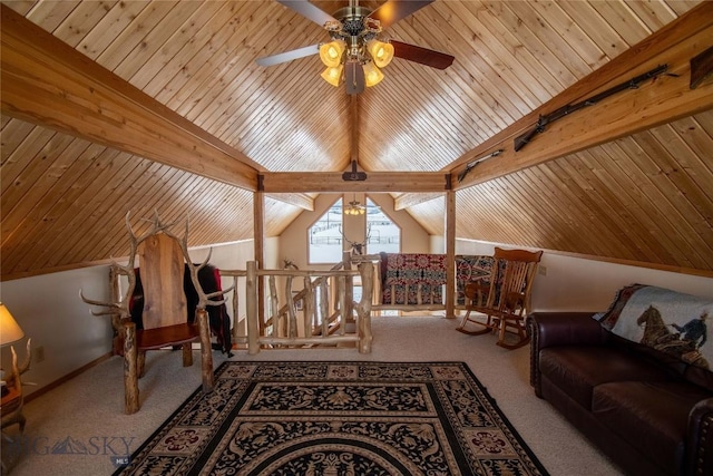 living area featuring wooden ceiling, carpet flooring, and lofted ceiling with beams