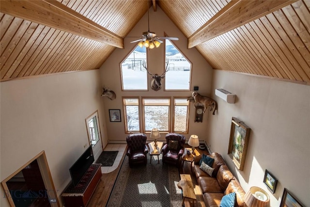 living area with high vaulted ceiling, wood ceiling, beamed ceiling, and a ceiling fan