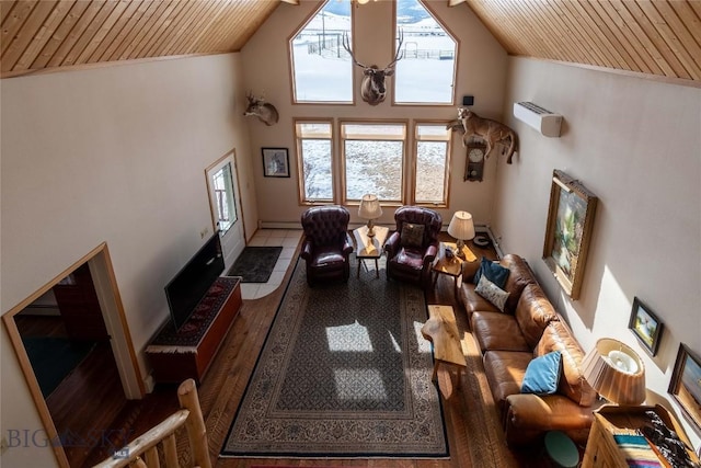 living room featuring high vaulted ceiling, wood ceiling, and wood finished floors