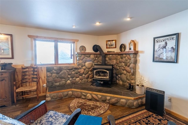 living room featuring a wood stove and wood finished floors