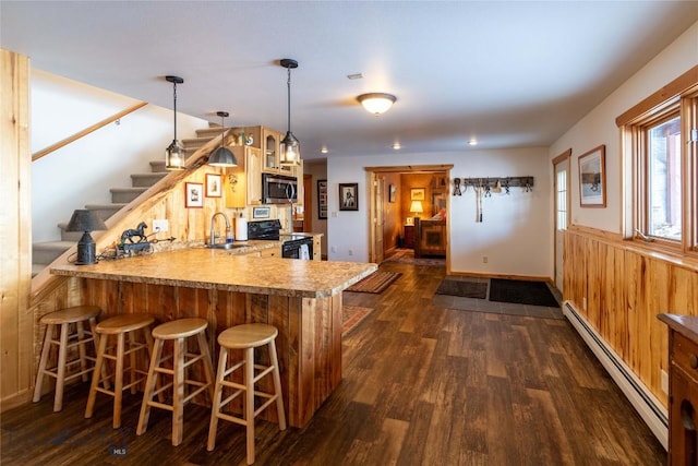 kitchen featuring stainless steel microwave, dark wood-style flooring, black range with electric stovetop, a peninsula, and baseboard heating