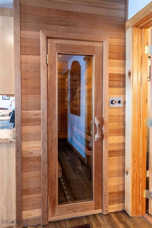 view of sauna featuring wood finished floors