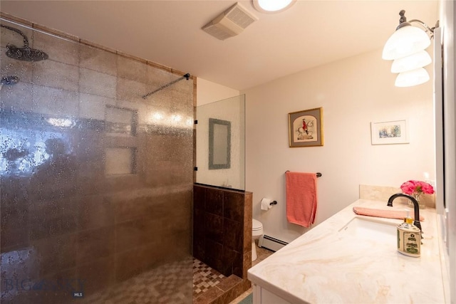 bathroom with a baseboard radiator, visible vents, and a tile shower