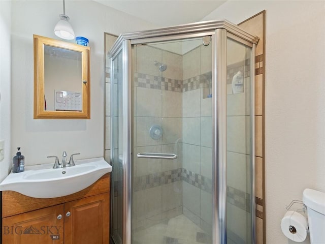 full bath with vanity, toilet, and a shower stall